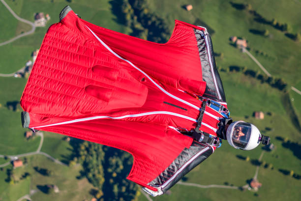 istock Man in wingsuit glides, upside down, over scene 1356014275