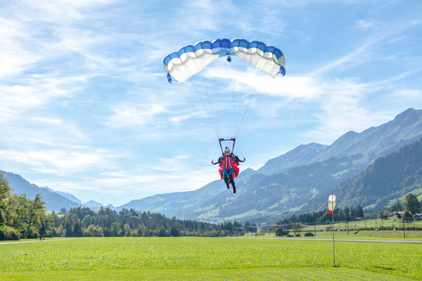 paraglider kommt herein, um auf grasbewachsener wiese zu landen - gleitschirmfliegen stock-fotos und bilder