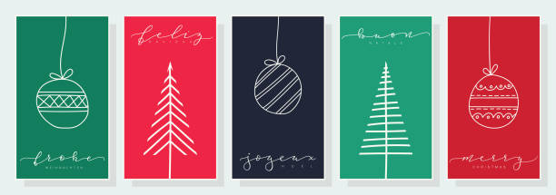 Multilingual Christmas greeting card set A set of simple Christmas greeting cards with text in German, Spanish, French, Italian and English. EPS10 vector illustration, global colors, easy to modify. multiple christmas trees stock illustrations