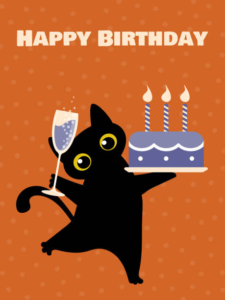お誕生日おめでとうグリーティングカード。黒いかわいい猫は、キャンドルと輝くシャンパンのグラスでケーキで祝福します。フラットなスタイルで茶色の背景にポスター。ベクトル。 - champagne celebration glass black点のイラスト素材／クリップアート素材／マンガ素材／アイコン素材