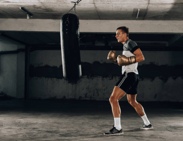 istock Dramatic lighting on a martial arts fighter punching in the gym 1356017889