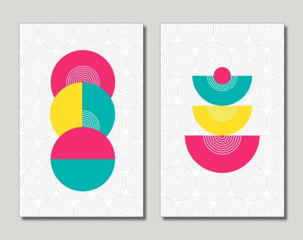 3d illustration wall frame canvas flat art. colorful shapes, circles, and lines, minimalist design in a light background.