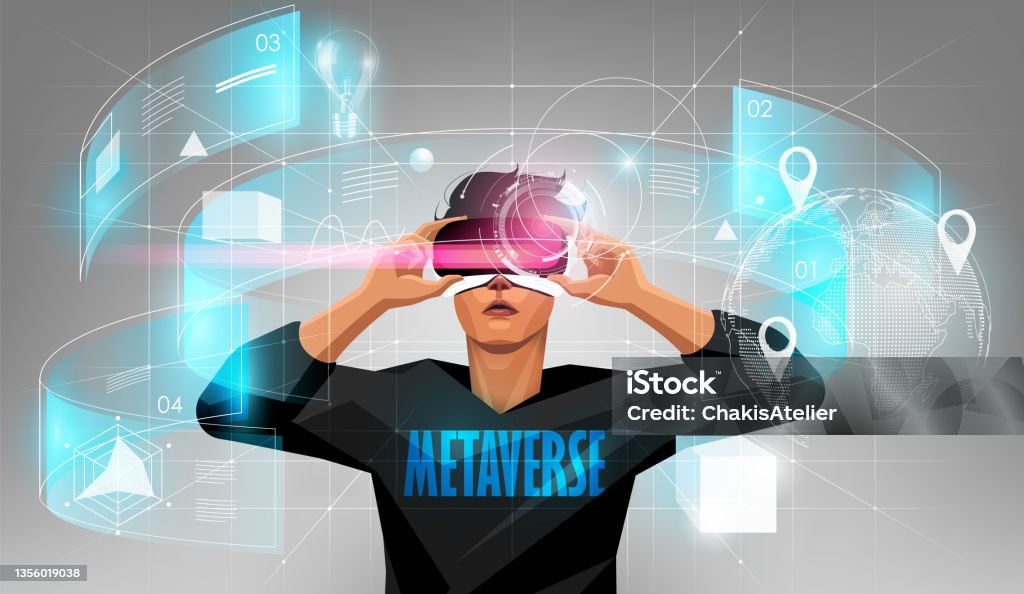 Metaverse digital cyber world technology, Man holding virtual reality glasses surrounded with futuristic interface 3d hologram data, vector illustration. - Royalty-free Metaverse vectorkunst