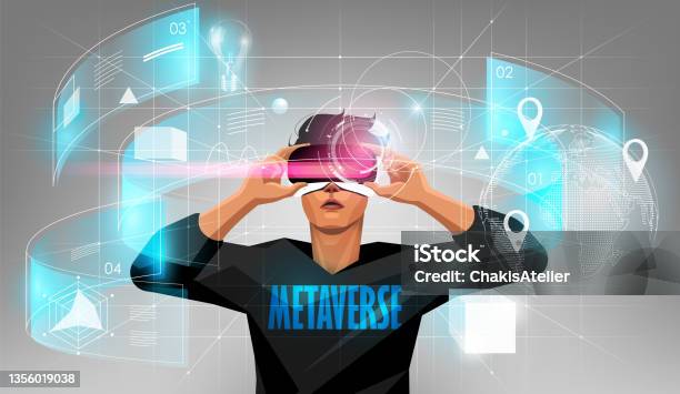 Metaverse Digital Cyber World Technology Man Holding Virtual Reality Glasses Surrounded With Futuristic Interface 3d Hologram Data Vector Illustration Stockvectorkunst en meer beelden van Metaverse