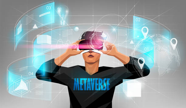 metaverse digital cyber world technology, man holding virtual reality glasses surrounded with futuristic interface 3d hologram data, vector illustration. - 虛擬實境 插圖 幅插畫檔、美工圖案、卡通及圖標