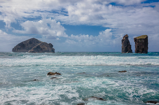 Coastal view, rock formations and Atlantic Ocean, Mosteiros beach, Sao Miguel Island, Azores, Portugal