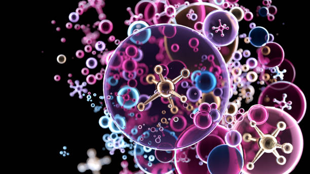 추상적인 나노 분자 구조. 검은 색 배경에 물 3d 구체 - molecular structure 뉴스 사진 이미지