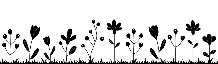 Black silhouettes of flowers and grass. Isolated on white background.