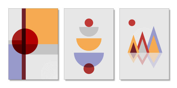 3d illustration wall frame canvas flat art. colorful shapes, circles, and lines, minimalist design in a light background.