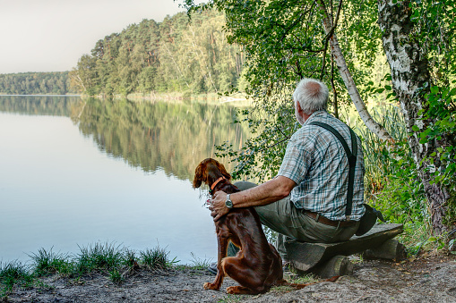 Early in the morning an old man sits with his young Irish Setter Pointer on the small bench by the lake and enjoys the silence of the beginning day.