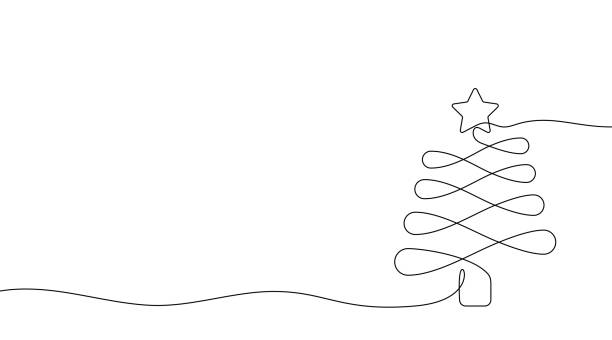 ciągły jednoliniasowy rysunek choinki. projekt noworoczny i świąteczny narysowany jedną linią. wektor - jeden przedmiot ilustracje stock illustrations