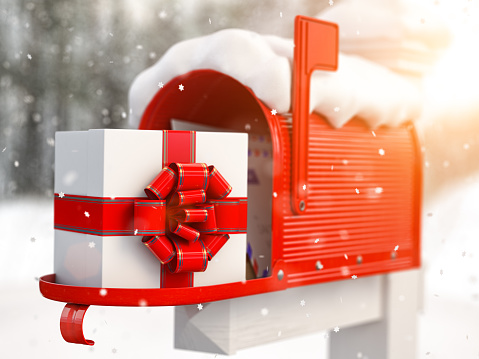 Mailbox and gift of Santa Claus with bow and ribbons. Gift for Christmas. 3d illustration