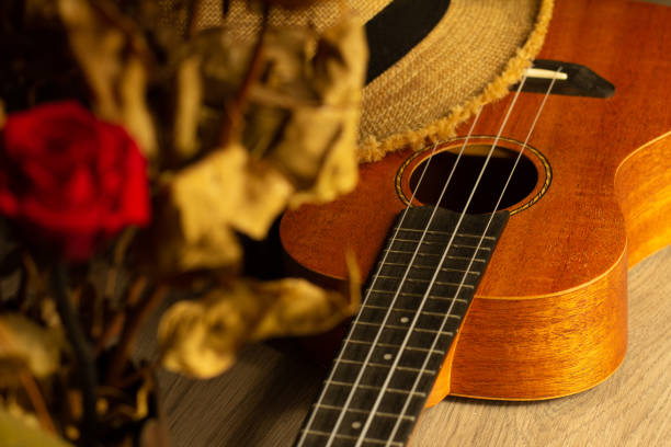 Hawaiian ukulele photograph with a red rose out of focus in the foreground