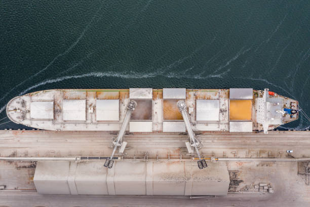 istock Loading the vessel with grain, corn at the seaport. View from above. 1356025872