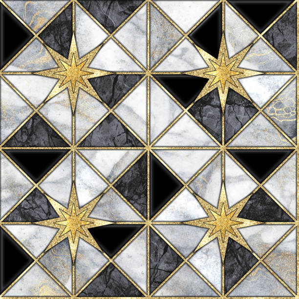 fond géométrique abstrait avec incrustation de mosaïque de marbre moderne, motif art déco avec triangles blancs noirs et étoiles dorées, pierre artificielle artistique, surface de carreaux marbrés, illustration en marbre - inlaid photos et images de collection