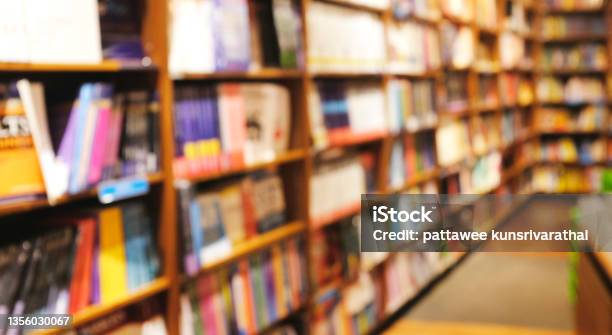 Blur Background Of Book Shelf Store Decorated With Wood And Warm Light Stock Photo - Download Image Now