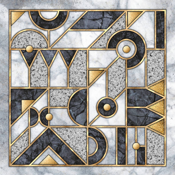 istock abstract geometric background. Art deco pattern with mosaic inlay grid. Mixed tiles with artificial marble stone textures and shiny golden metallic foil. Black white gold decorative wallpaper 1356030309