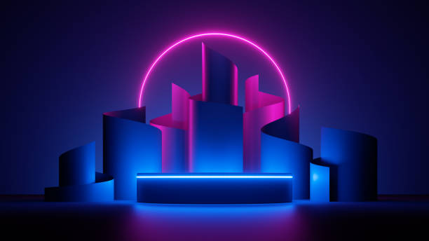 istock 3d render, abstract pink blue neon background with vertical paper scrolls, glowing round arch and empty podium. Futuristic showcase with platform for product presentation 1356030455