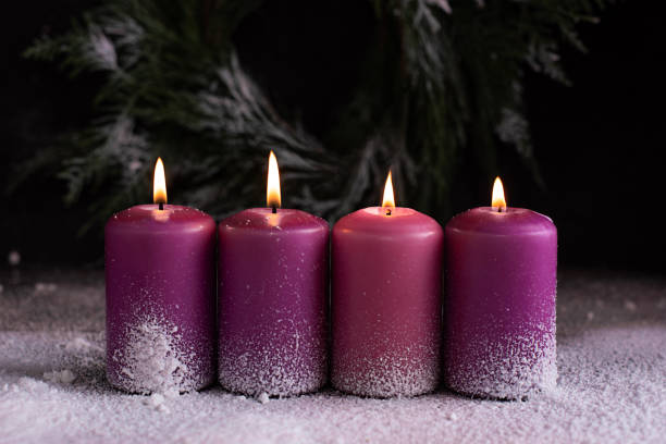 istock Four burning pink and purple advent candles on snow. 1356031420