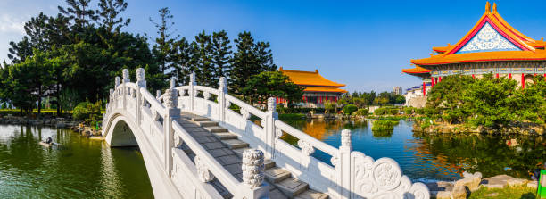 Ornate marble bridge reflecting in the tranquil waters of a pond in Liberty Square in the heart of Taipei, Taiwan’s vibrant capital city.