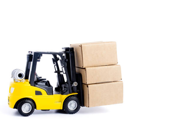 istock Mini forklift truck load cardboard boxes isolated on white background. Logistics and transportation management ideas and Industry business commercial concept. 1356032806