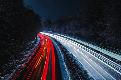 Road in England during the first snow night 2021