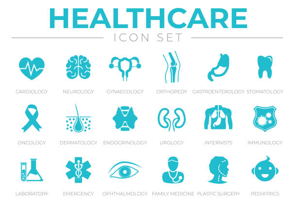 healthcare icon set aus kardiologie, neurologie, gynäkologie, orthopädie, gastroenterologie, stomatologie, onkologie, dermatologie, urologie, internisten, immunologie, labor, notfall, ophthalmologie, familienmedizin, plastische chirurgie, pädiatrie medi - allergologe stock-grafiken, -clipart, -cartoons und -symbole