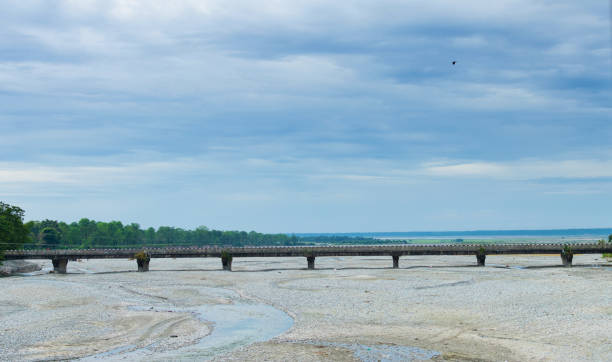 Long concrete bridge on Murty River, North Bengal in West Bengal, India.