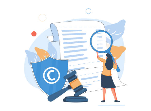 Woman reading legal document, shield with copyright symbol, gavel. Concept of digital law, smart contract, electronic. Woman reading legal document, shield with copyright symbol, gavel. Concept of digital law, smart contract, electronic licence, rights protection. Modern flat vector illustration for banner, poster. gavel keyboard stock illustrations
