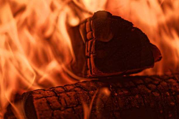 Close-up of firewood burning in red flames of fire in the fireplace