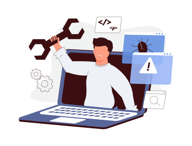 ilustraciones, imágenes clip art, dibujos animados e iconos de stock de hombre con binocular arreglar distantemente la computadora o computadora portátil, eliminando malware, virus, spam, error o error del sistema. sistema distante. - technology business support violence