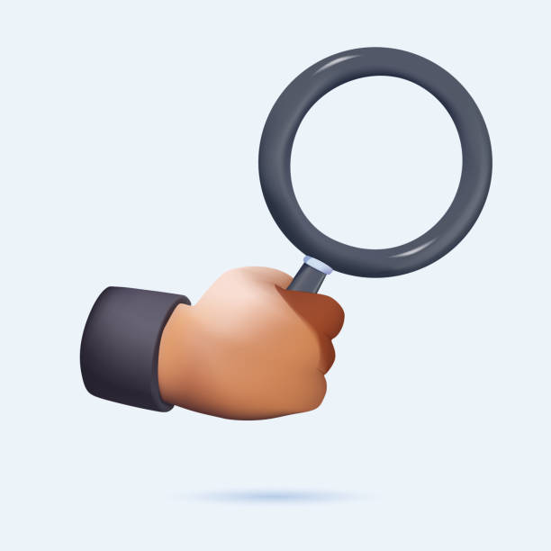 3d vector render. Search icon. Cartoon character hand holds big magnifying glass lens. Business of science clip art. 3d vector render. Search icon. Cartoon character hand holds big magnifying glass lens. Business of science clip art isolated on white background. 3D icon free to edit. Business analytics Data Analysis loupe stock illustrations