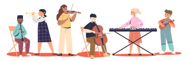 Vector illustration of Kids playing on different music instruments: flute, trumpet, violin, cello, piano and ukulele