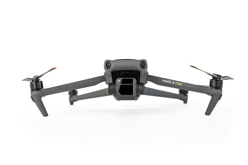 Montreal, Canada - November 28, 2021: DJI Mavic 3 Cine of Chinese technology company DJI. The Mavic Series are compact quadcopter drones for personal and commercial aerial photography and videography use. Mavic 3 and Mavic 3 Cine were released on 5th November 2021. It has a 4/3 CMOS Hasselblad L2D-20c camera and has 12.8 stops of dynamic range. It shoots up to 5.1k video.