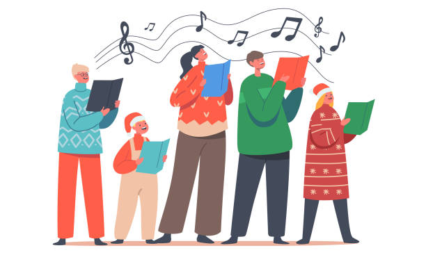 illustrations, cliparts, dessins animés et icônes de joyeux enfants personnages de noël dans des chapeaux de père noël et des pulls en tricot chantant des chants de noël tenant des livres de chansons - singing