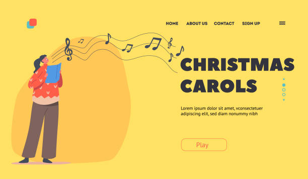 christmas carols landing page vorlage. süßes kind caroling, happy kid charakter tragen strickpullover singen lieder - note to santa stock-grafiken, -clipart, -cartoons und -symbole