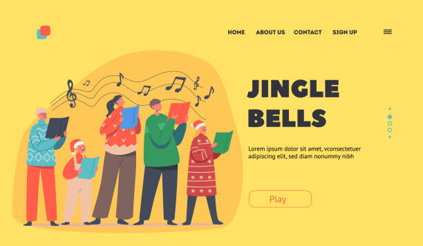 jingle bells landing page vorlage. frohe kinder weihnachten in weihnachtsmannmützen singen weihnachtslieder halten von liederbüchern - note to santa stock-grafiken, -clipart, -cartoons und -symbole