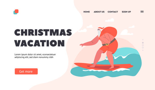 illustrations, cliparts, dessins animés et icônes de modèle de page de destination de vacances de noël. le personnage du père noël porte un chapeau et un short rouge surfer sur la vague de l’océan sur une planche de surf - bodysurfing