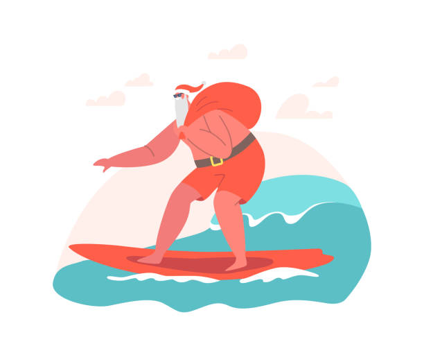 ilustraciones, imágenes clip art, dibujos animados e iconos de stock de personaje de santa claus con sombrero de navidad y pantalones cortos rojos surfeando ocean wave en tabla de surf. vacaciones tropicales de verano - surfing surfboard summer heat