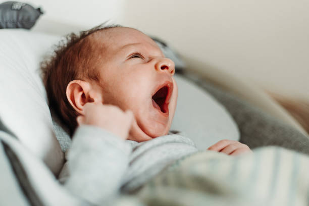 istock new born baby boy sleeping, yawning. Portrait 1356058905