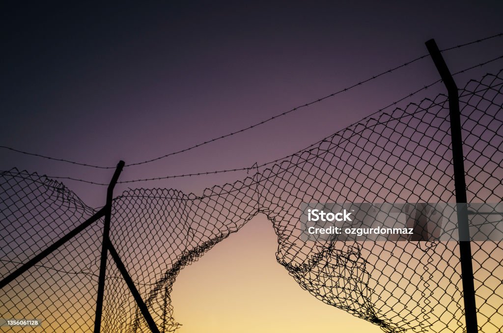 Barbed wire fence at sunrise, no people War Stock Photo
