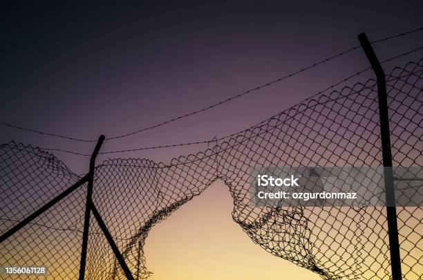 Barbed Wire Fence At Sunrise No People Stock Photo - Download Image Now - War, Barricade, Crisis