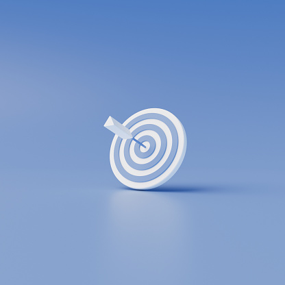 Minimalistic composition. The arrow hits the center of the target on a blue background. Business goal achievement concept. 3D Rendering.