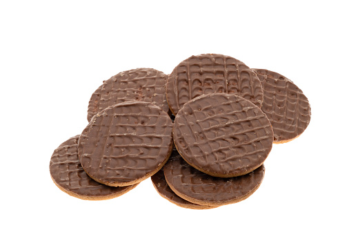 A group of chocolate coated digestive cookie biscuits - white background
