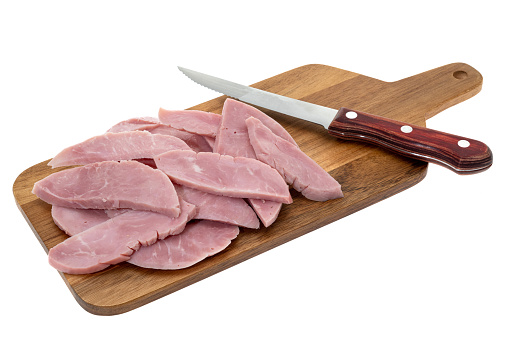 Slices of smoked ham - white background