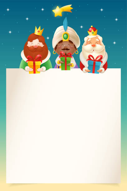 종이 위에 들여다 보는 선물을 가진 세 명의 왕또는 현명한 남자 - 편지 템플릿 - 해피 주현절 - santa claus christmas cartoon traditional culture stock illustrations