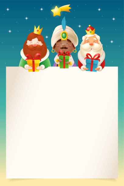 Three Kings or Wise men with gifts peeking on top of paper - letter template - Happy Epiphany Three Kings or Wise men with gifts peeking on top of paper - letter template - Happy Epiphany religious christmas greetings stock illustrations