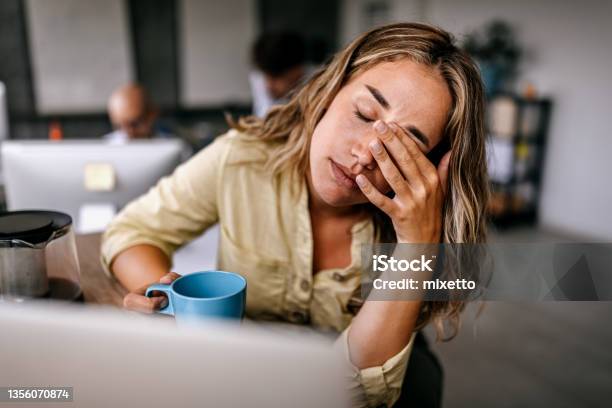 Tired Business Woman Rubbing Eyes Stock Photo - Download Image Now - Women, Tired, Headache