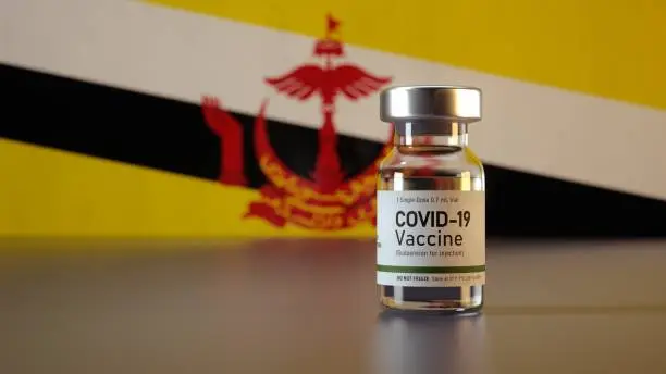 Photo of Covid-19 Vaccine vial Brunei Flag Corona Virus vaccine ampule Bruneian Flag