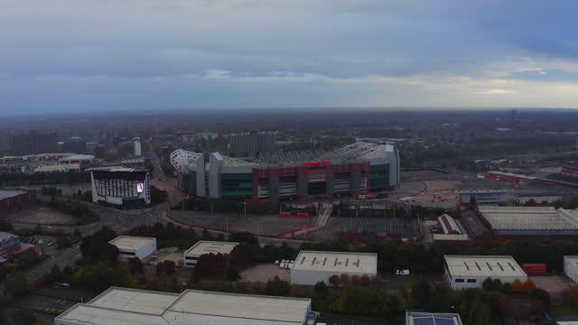 Aerial View of Iconic Manchester United Stadium in England.